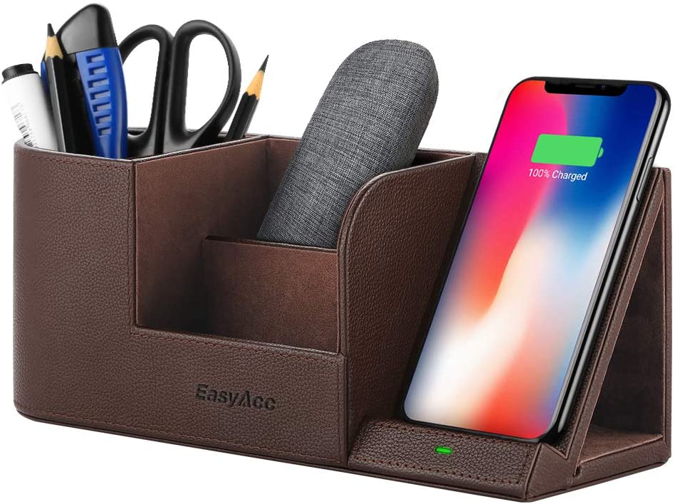 EasyAcc Qi-Certified Wireless Charging Stand with Multi-Device Organizer - Brown