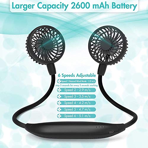 EasyAcc 2600mAh High Flexibility Portable Neck Fan - Black