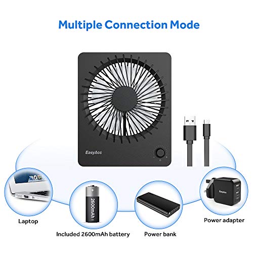 EasyAcc Desk Mini Fan with 2600mAh Portable Rechargeable Battery for Camping Library Office Cars - Black