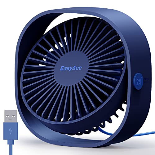 USB Desk Fan, EasyAcc 3 Speeds Mini USB Fan[Small Silent Powerful Desk Fan]USB Portable Powered Fan, 360°Rotatable Personal Desktop Table Fan Travel Fan for Desk Home Bedroom Office, Blue, 4ft Cable