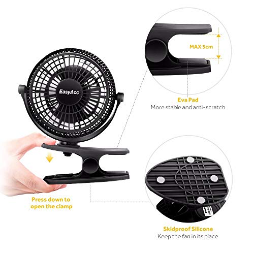 EasyAcc 720° Rotation Desk USB Clip Fan - Black